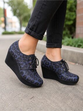 Nicole Wedge Oxfords Women Size 8M Black Blue Leopard Print Lace Up Shoes
